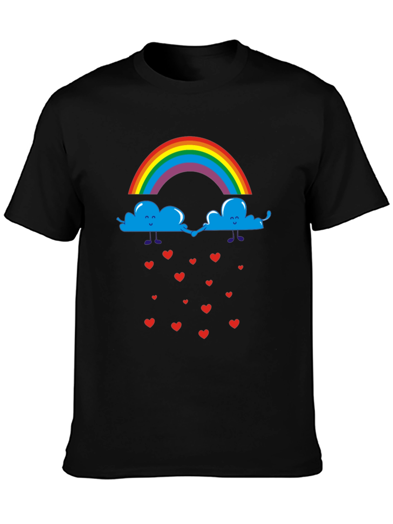 Rainbow Clouds & Hearts Black Graphic T-Shirt