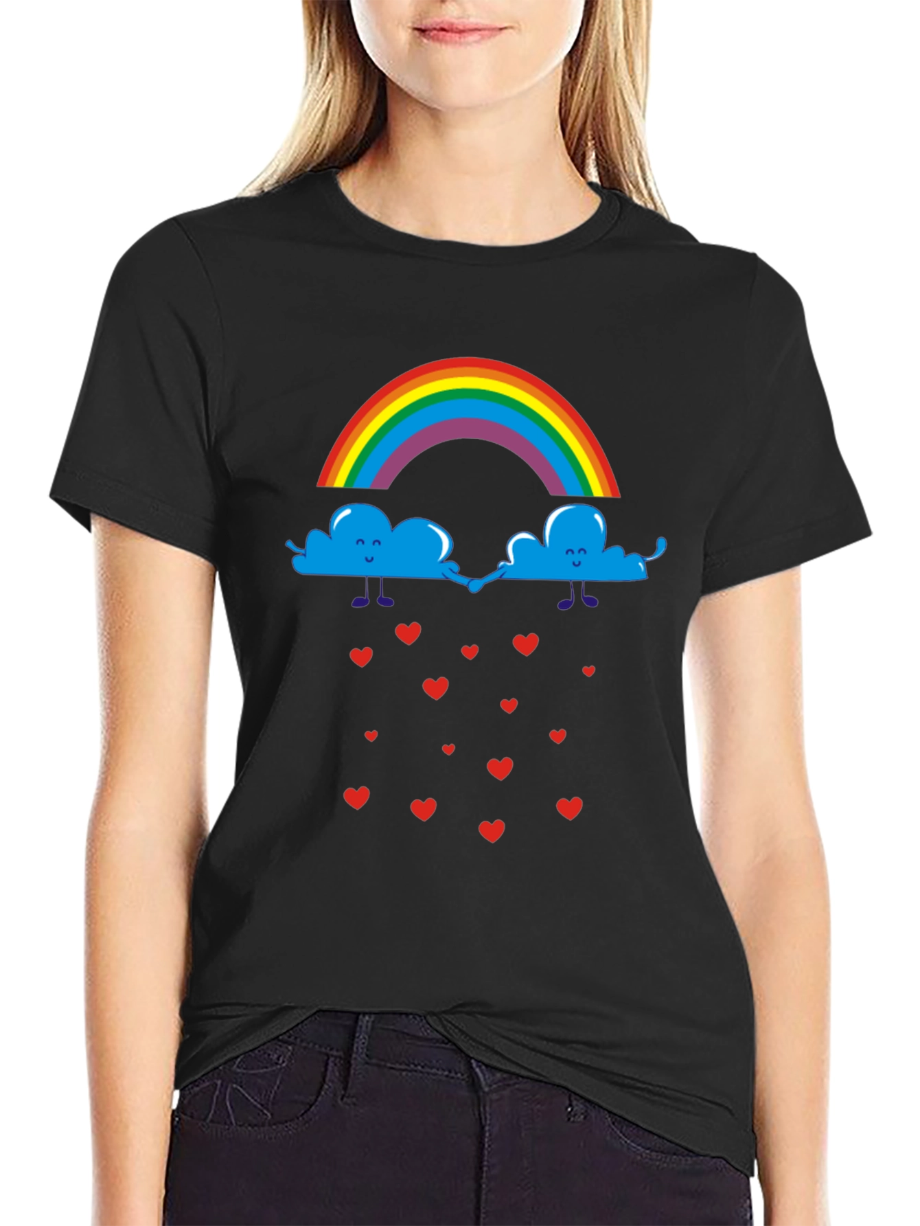 Rainbow Clouds & Hearts Black Graphic T-Shirt
