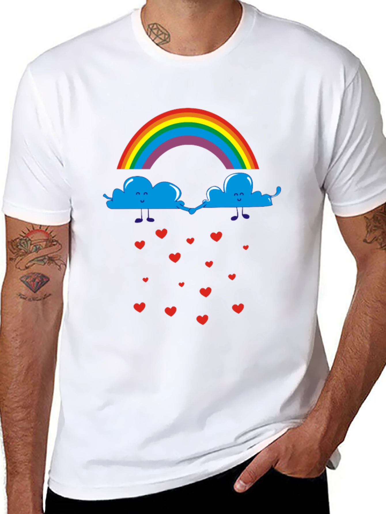 Rainbow Clouds & Hearts Black Graphic T-Shirt
