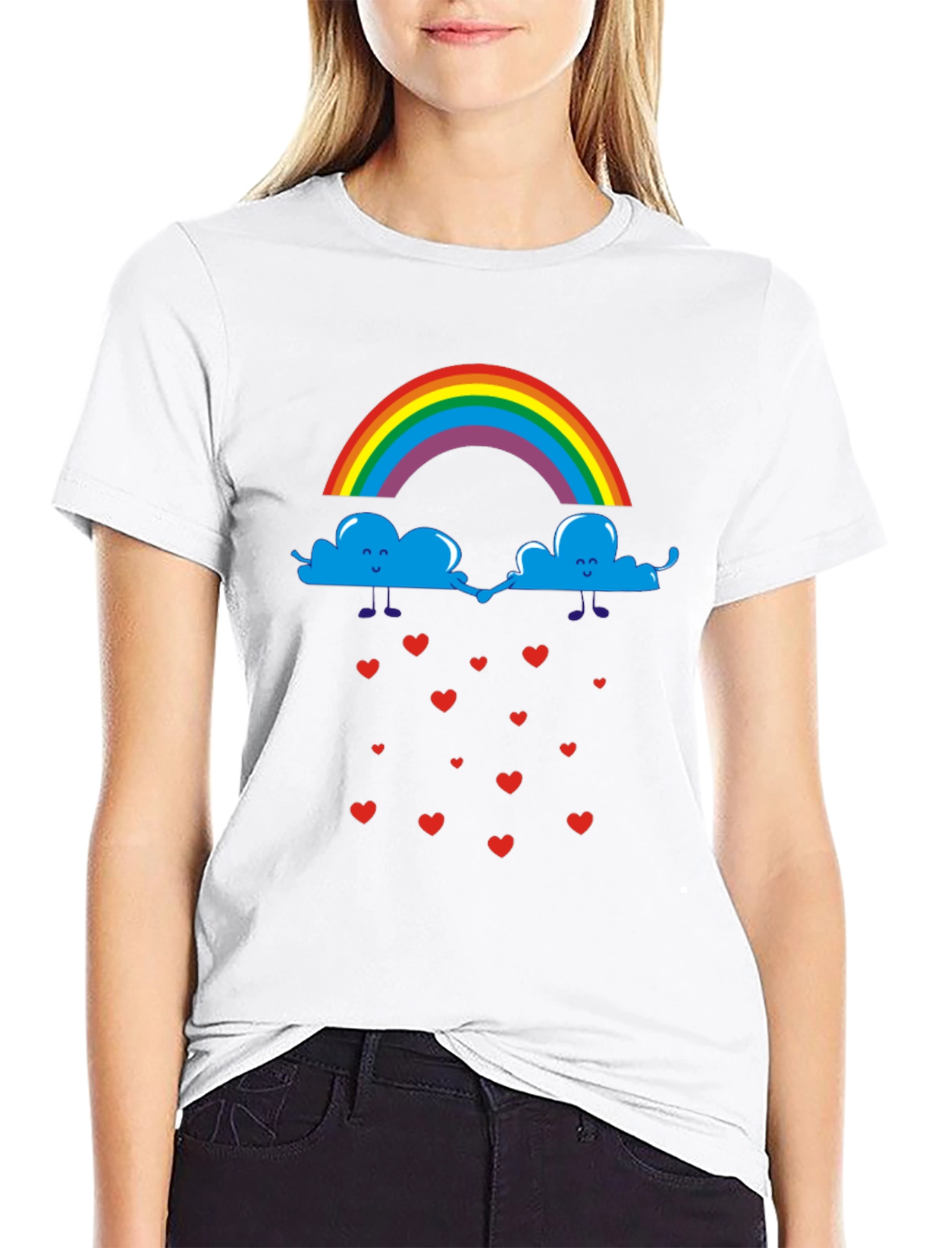 Rainbow Clouds & Hearts Black Graphic T-Shirt