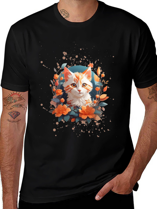 Floral Cat Graphic T-Shirt - Stylish Unisex Tee