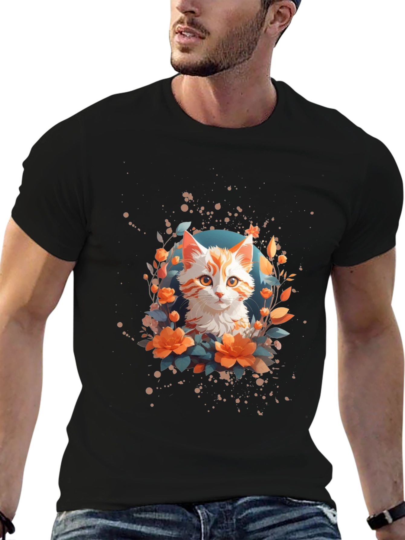 Floral Cat Graphic T-Shirt - Stylish Unisex Tee