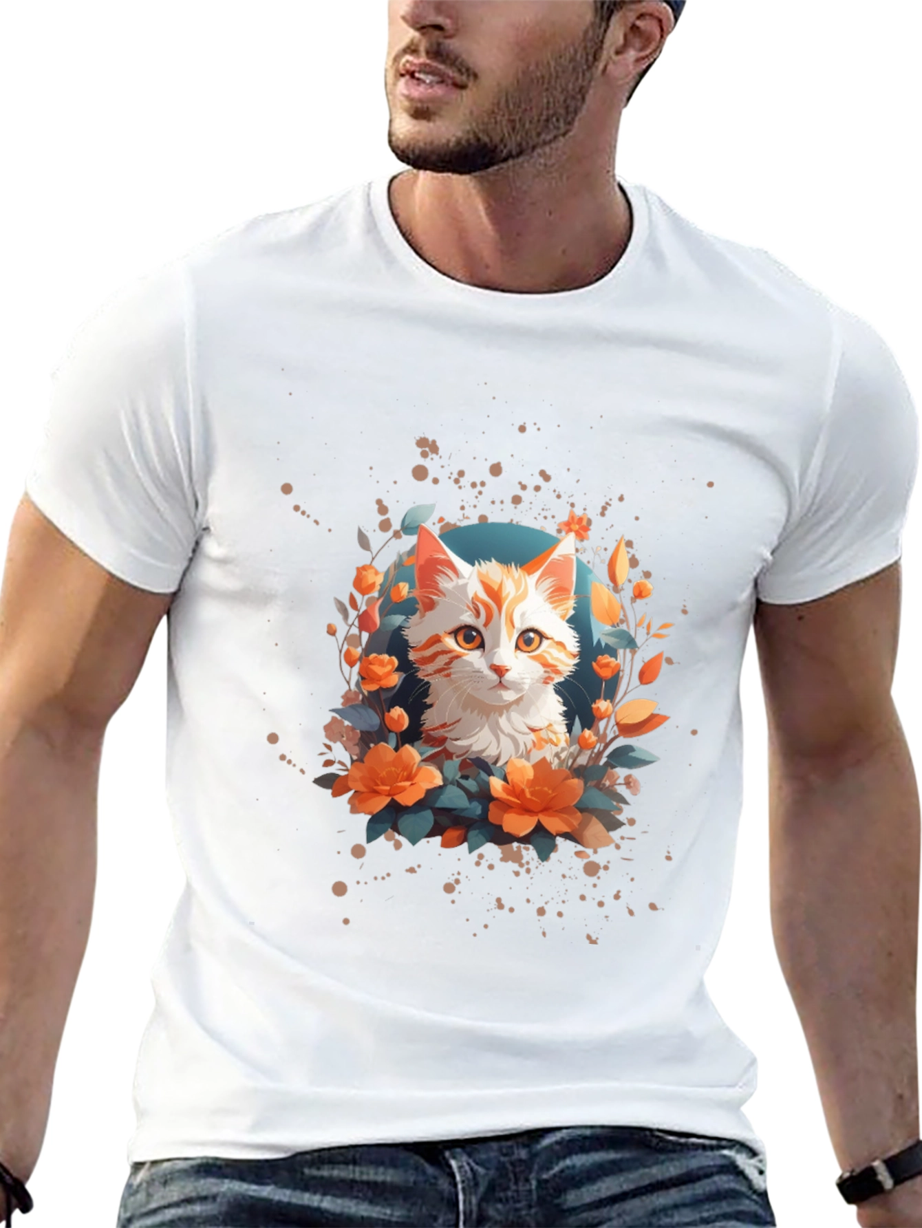 Floral Cat Graphic T-Shirt - Stylish Unisex Tee
