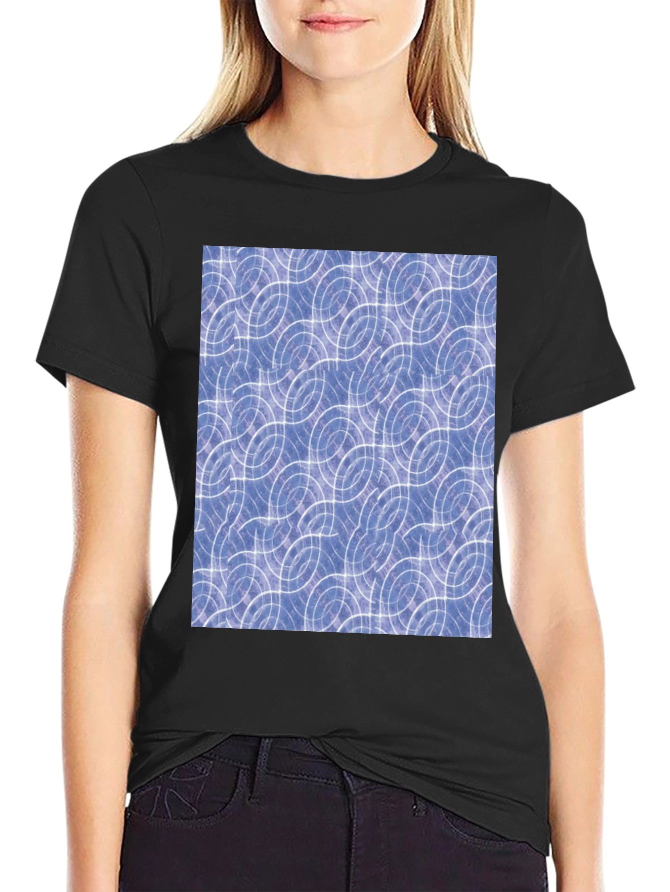 Abstract Blue Circle Pattern Black T-Shirt