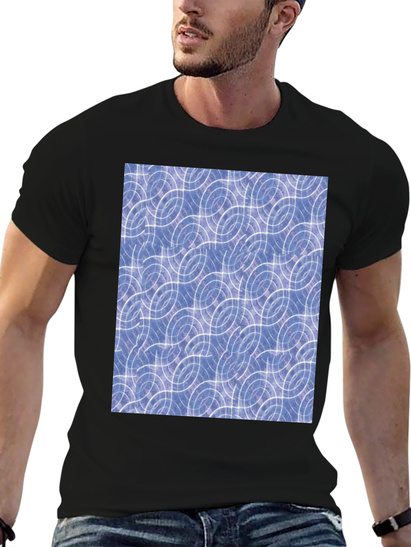 Abstract Blue Circle Pattern Black T-Shirt