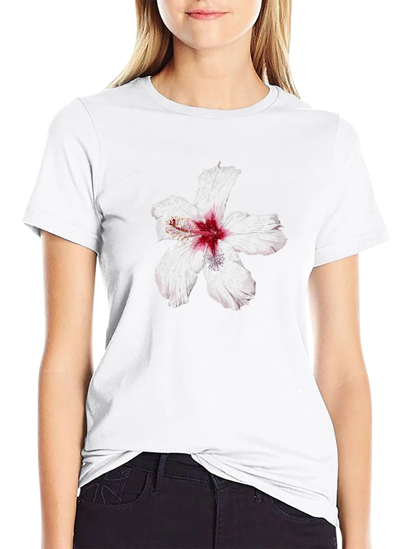 Black T-Shirt with Hibiscus Flower Graphic