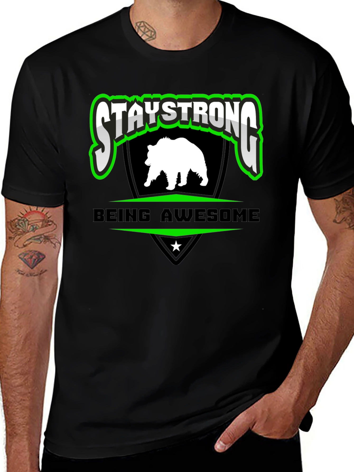 Stay Strong Bear Graphic Black T-Shirt