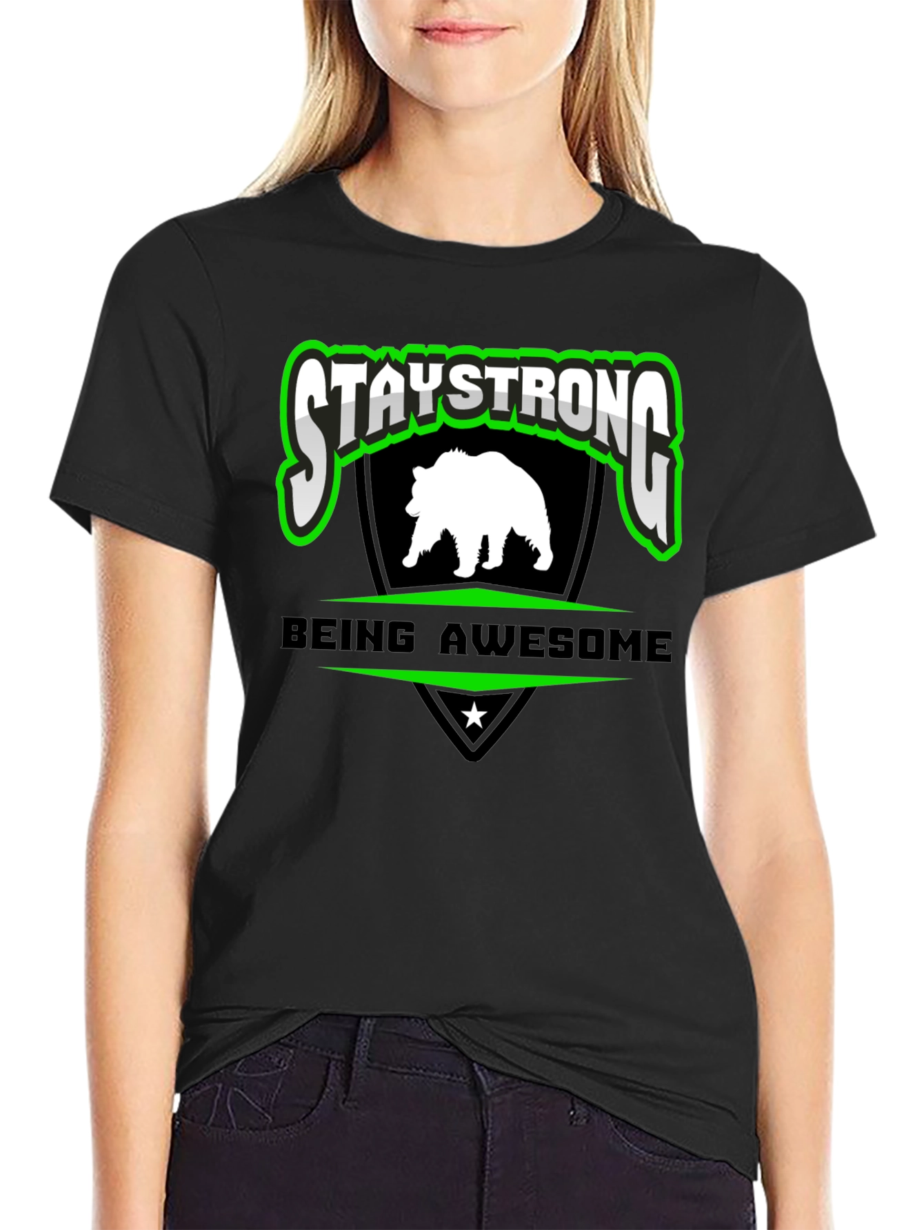 Stay Strong Bear Graphic Black T-Shirt