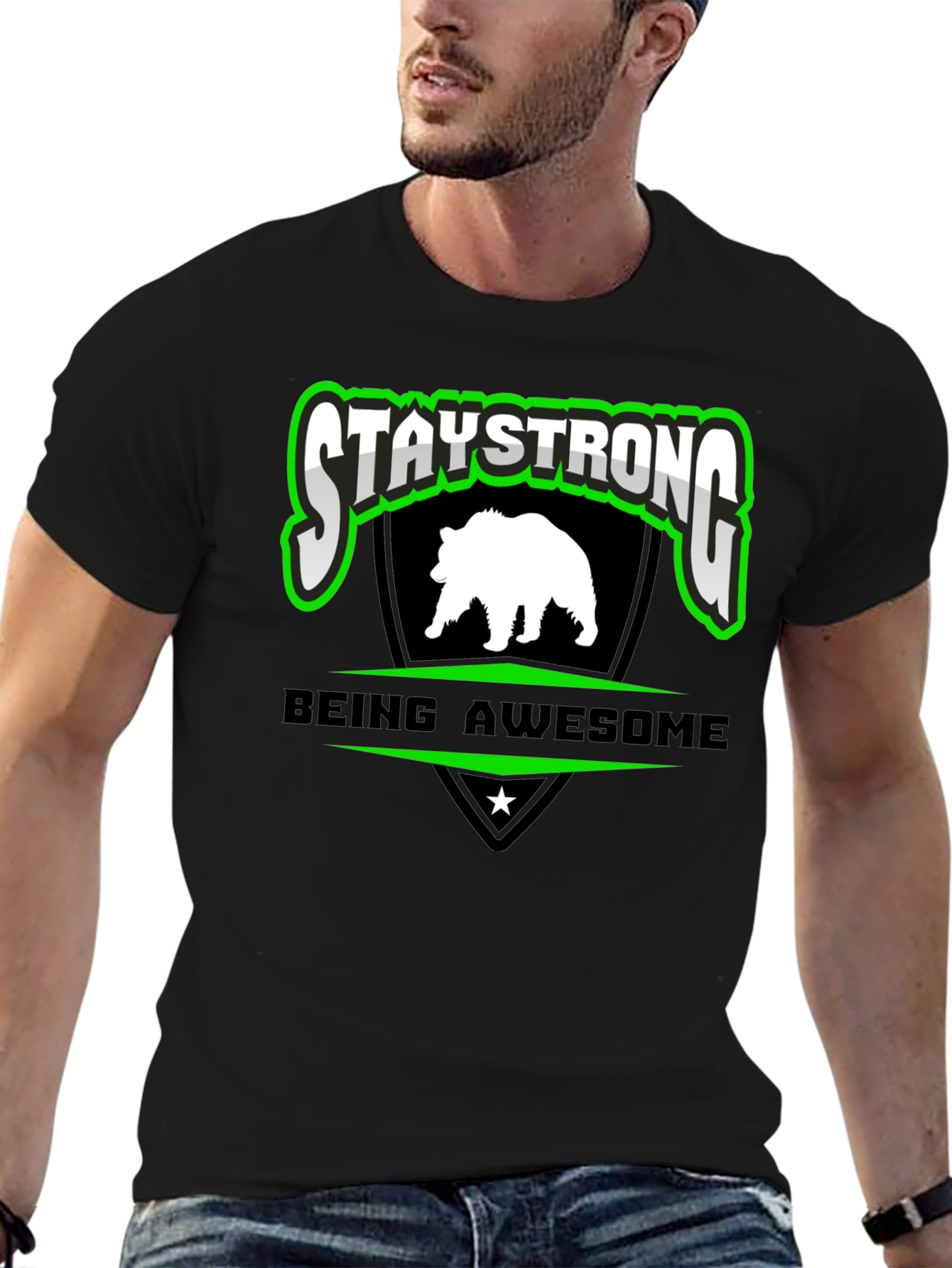 Stay Strong Bear Graphic Black T-Shirt
