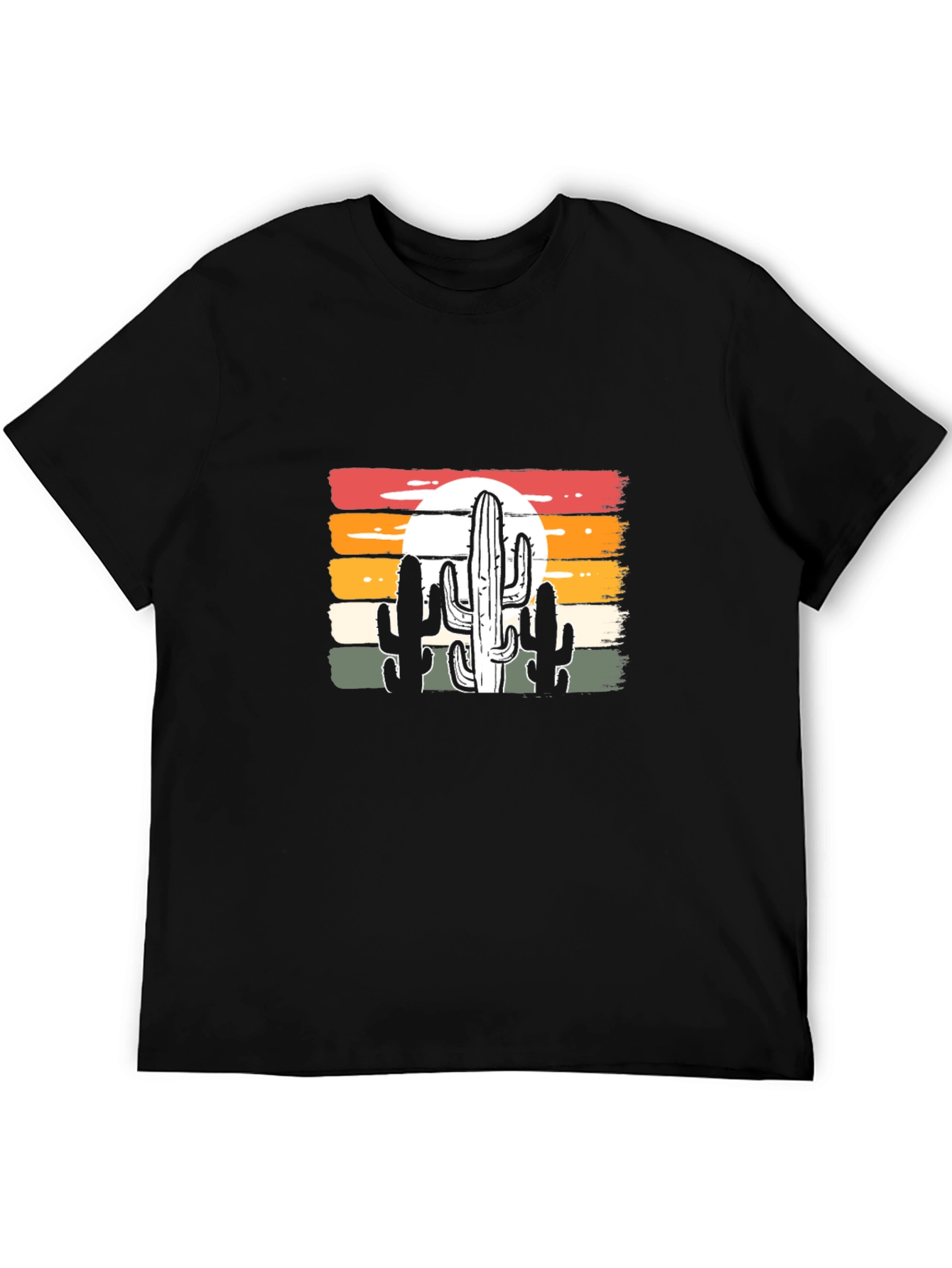 Retro Sunset Cactus Graphic Tee - Black Cotton Blend