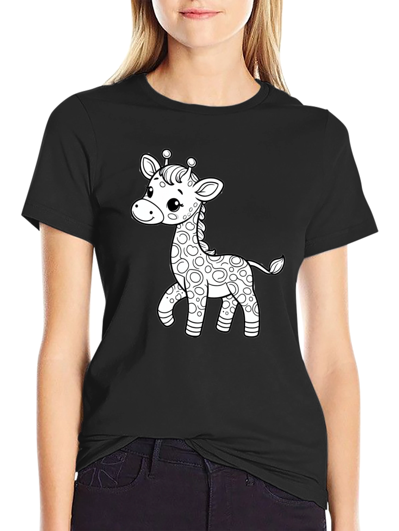 Cute Giraffe Graphic Tee - Black