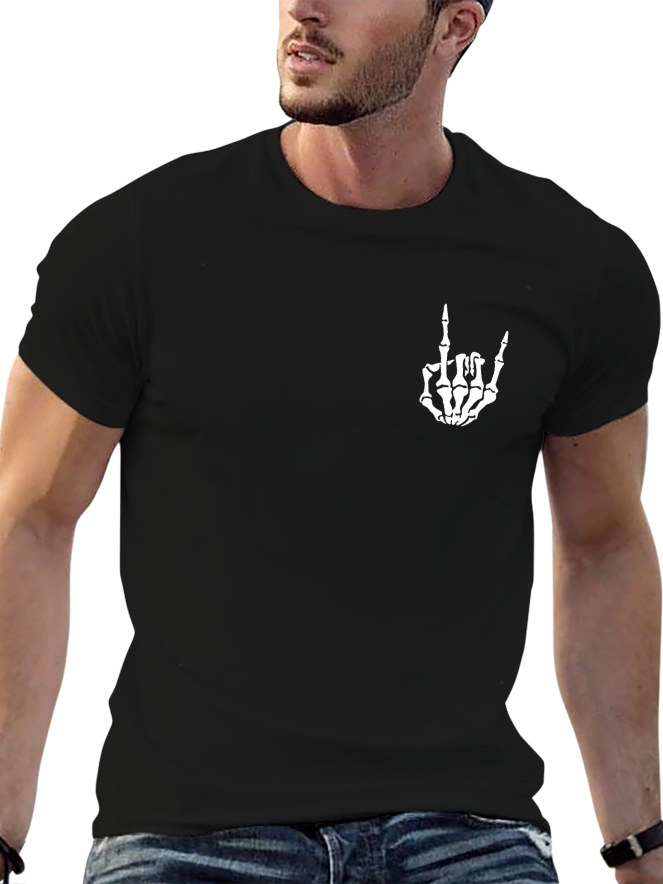 Black Graphic Tee - Skeleton Hand Rock On Sign