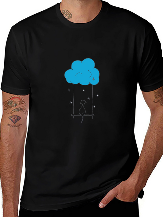 Dreamy Cat Tee - Blue Cloud & Stars on Black Shirt