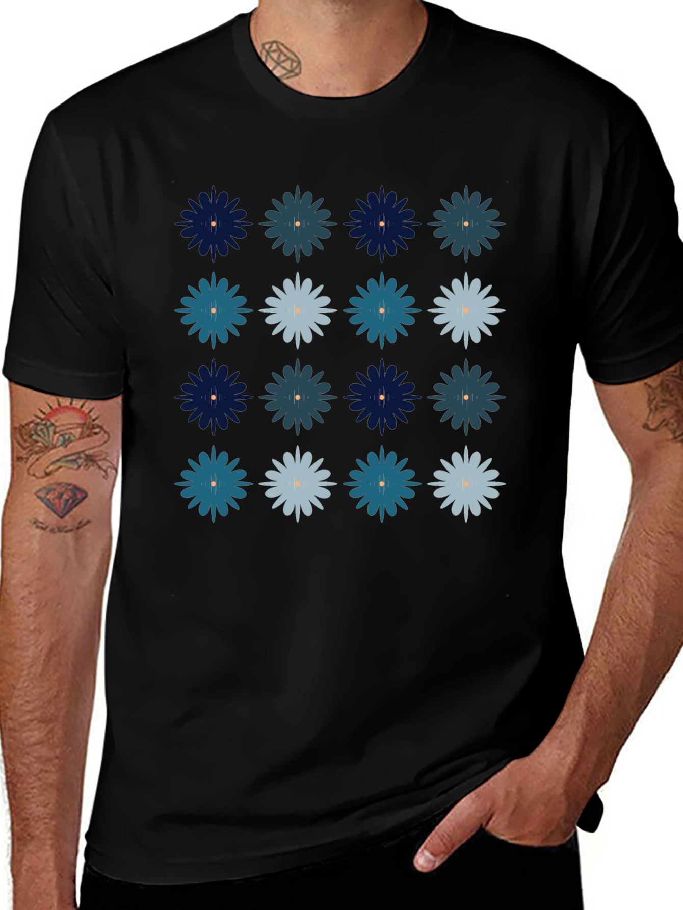 Floral Pattern Mens Black T-Shirt