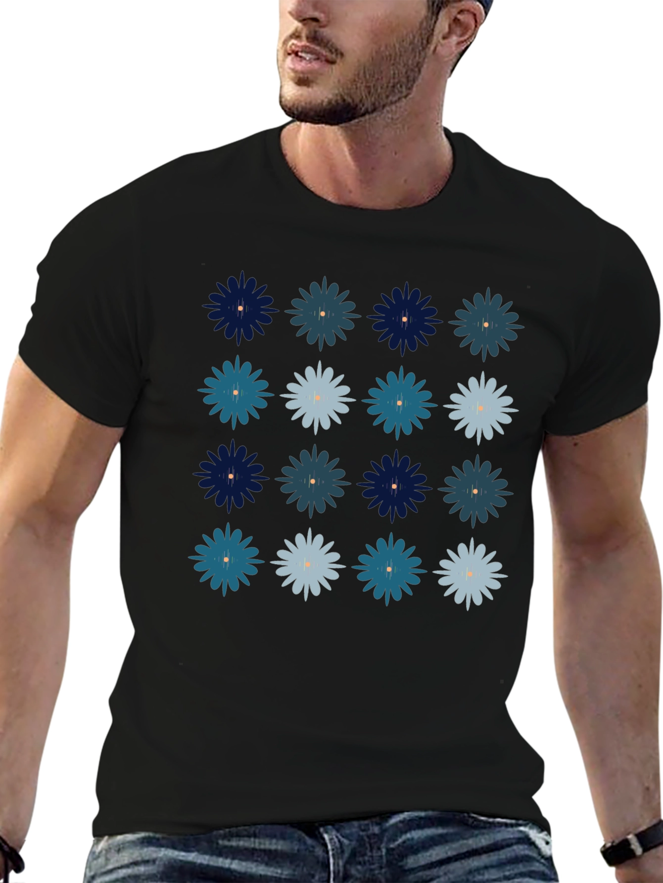 Floral Pattern Mens Black T-Shirt