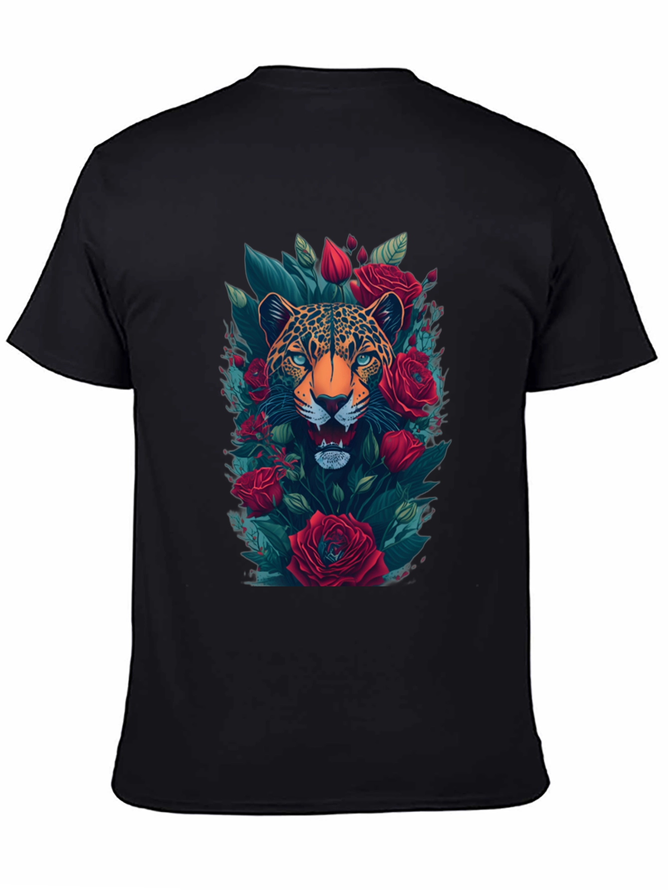 Leopard & Roses Graphic Print Mens Black T-Shirt