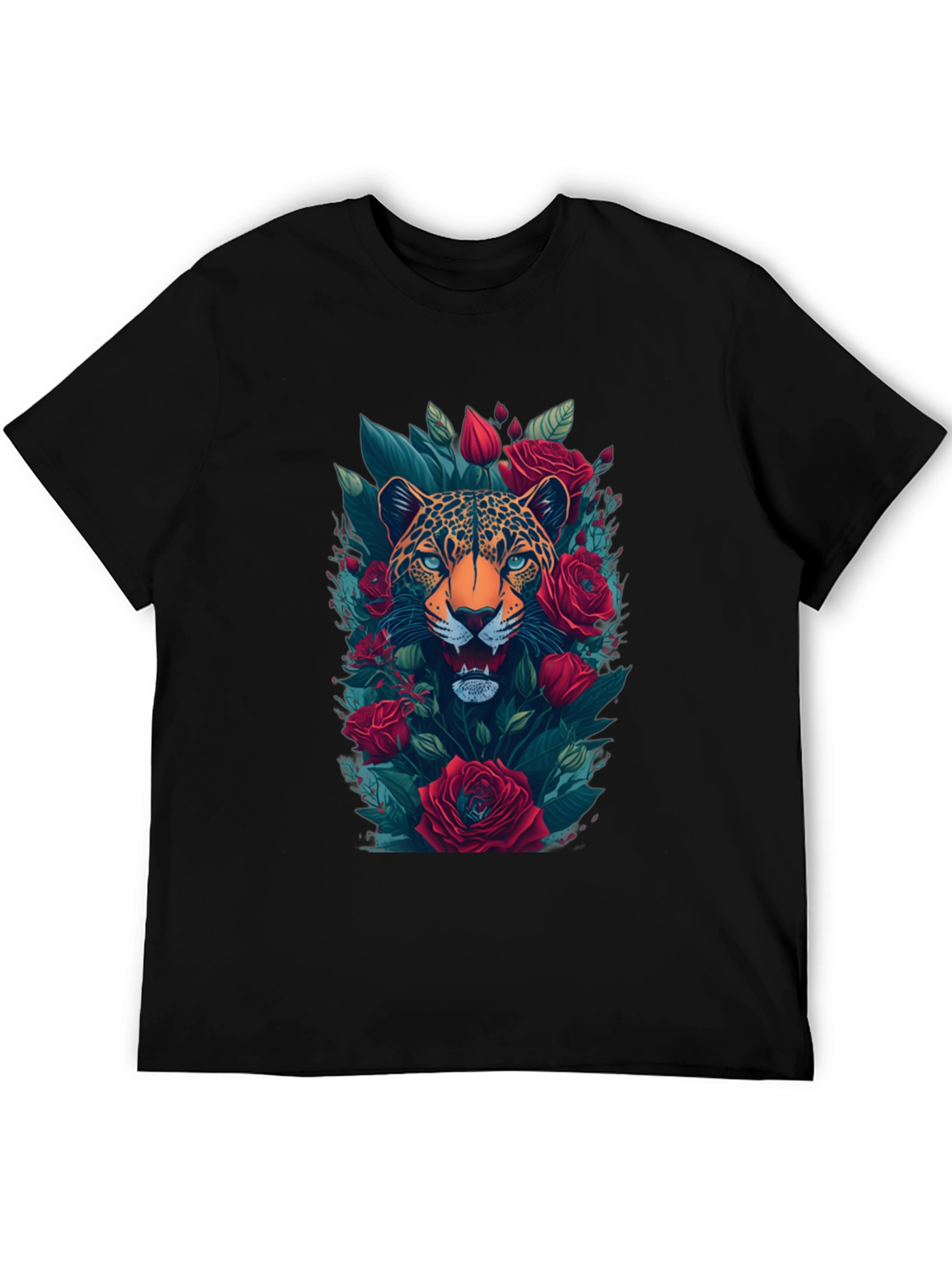 Leopard & Roses Graphic Print Mens Black T-Shirt