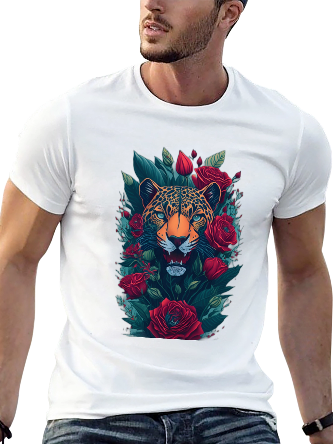 Leopard & Roses Graphic Print Mens Black T-Shirt