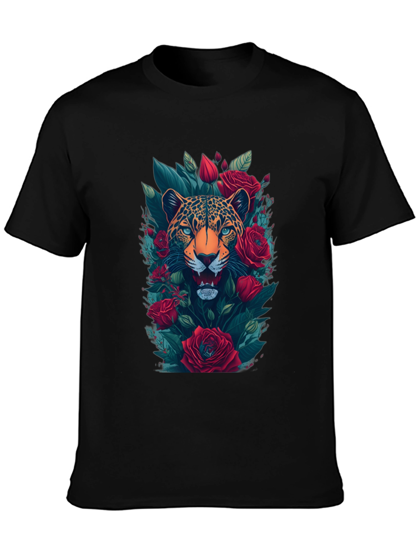 Leopard & Roses Graphic Print Mens Black T-Shirt