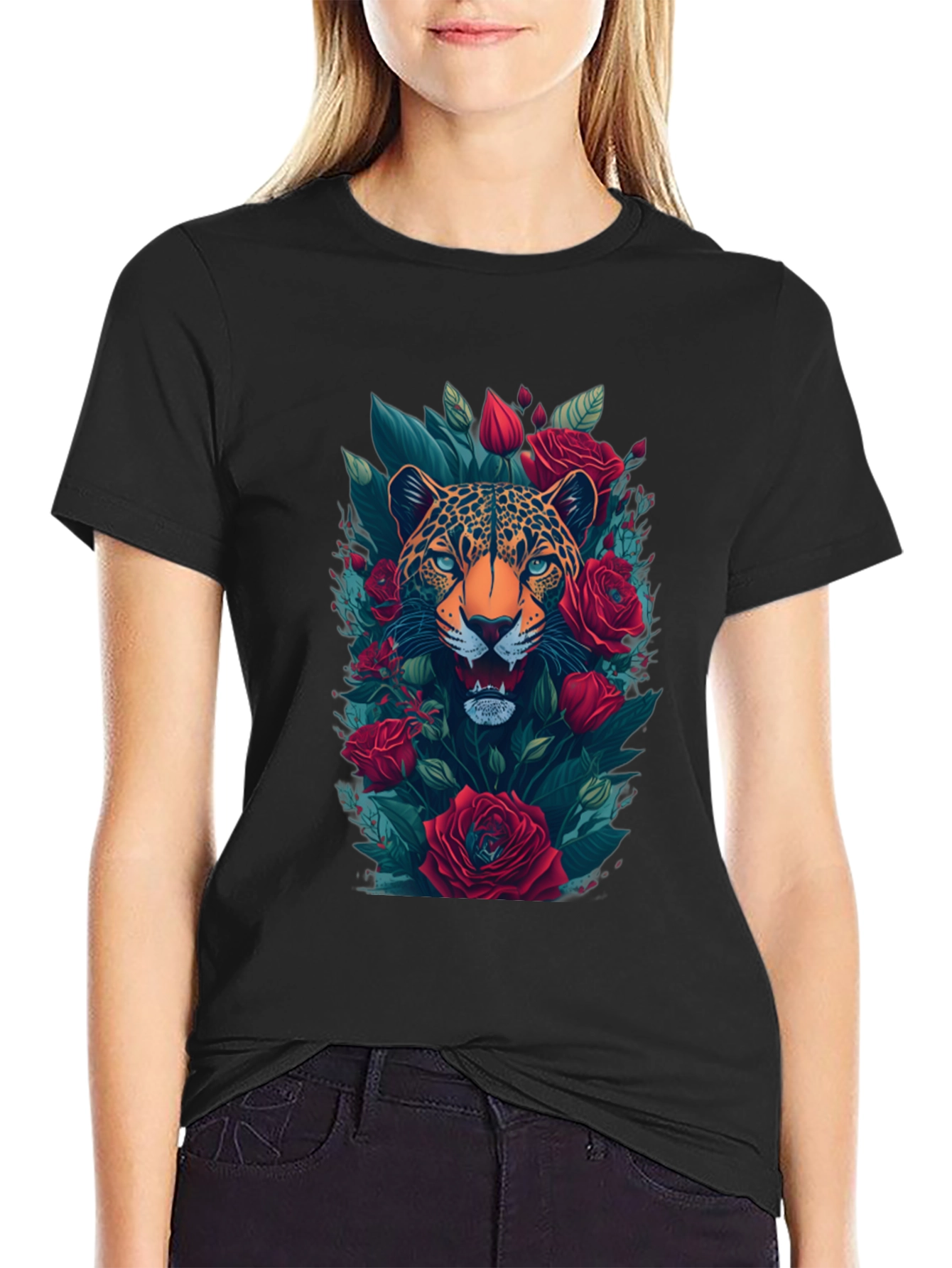 Leopard & Roses Graphic Print Mens Black T-Shirt