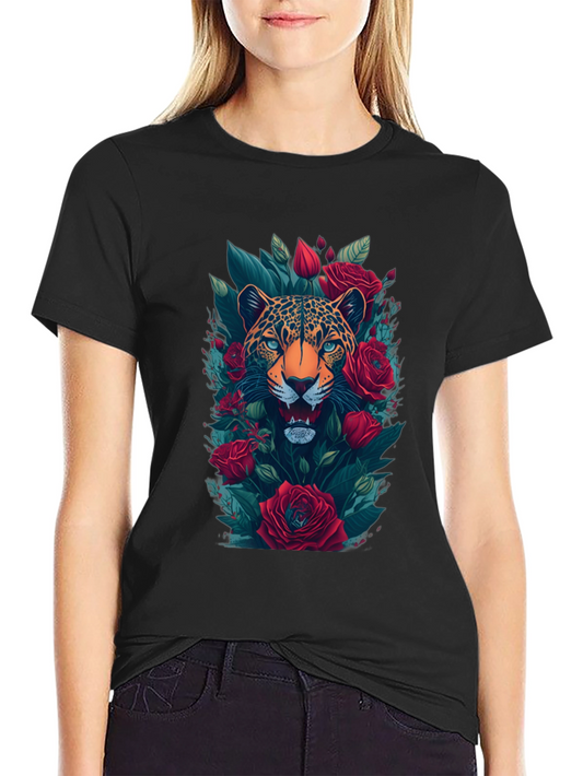 Leopard & Roses Graphic Print Mens Black T-Shirt