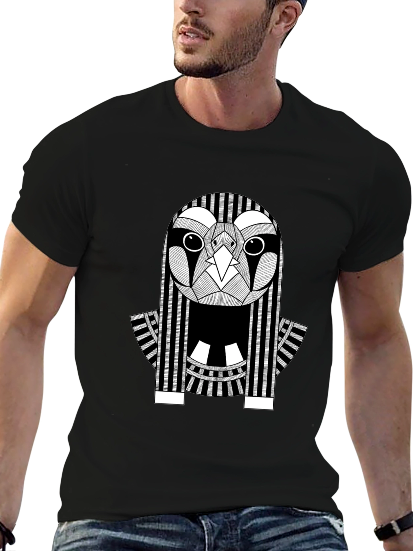 Abstract Owl Graphic Print Black T-Shirt