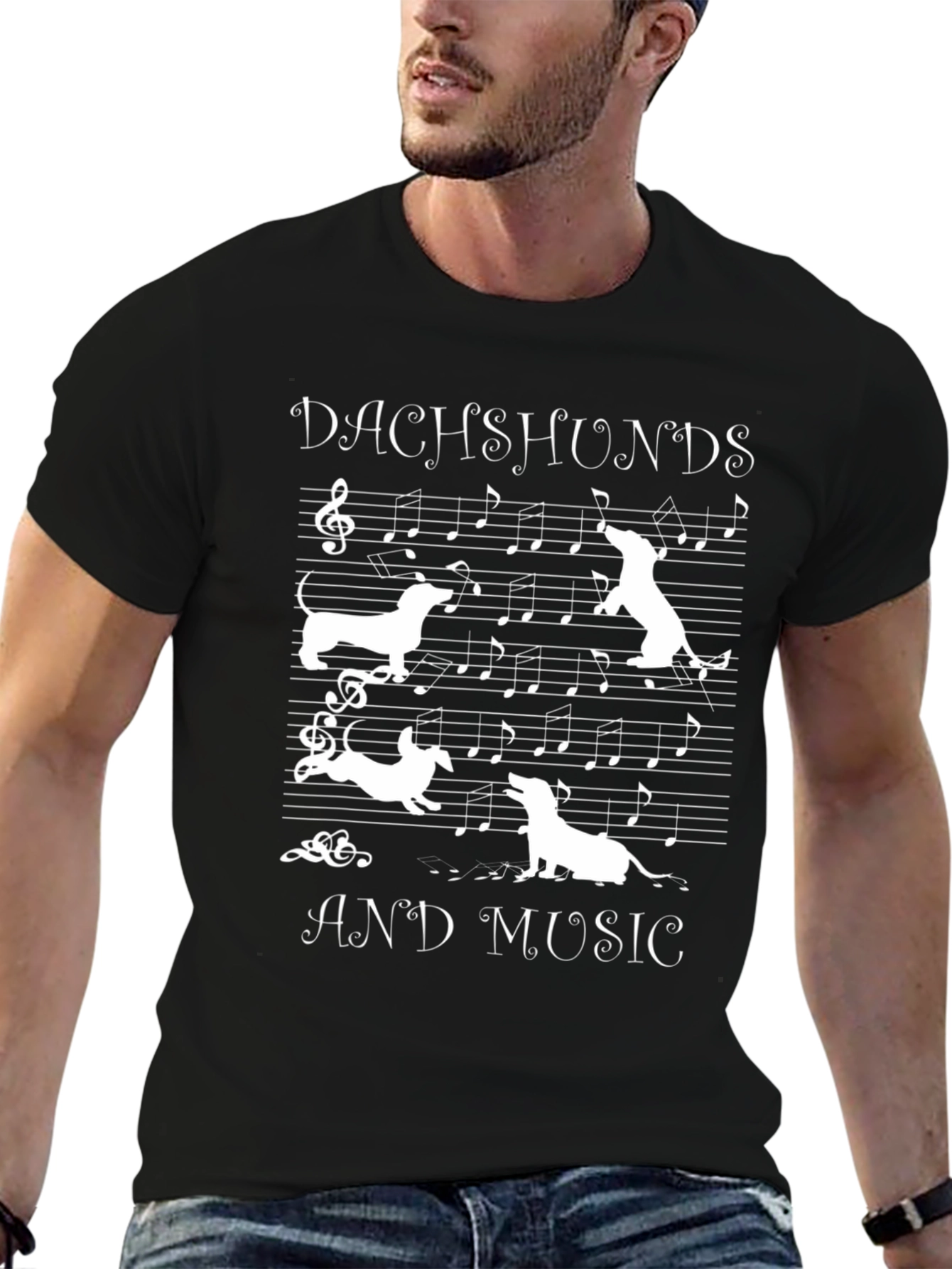 Dachshunds and Music Graphic Tee - Black