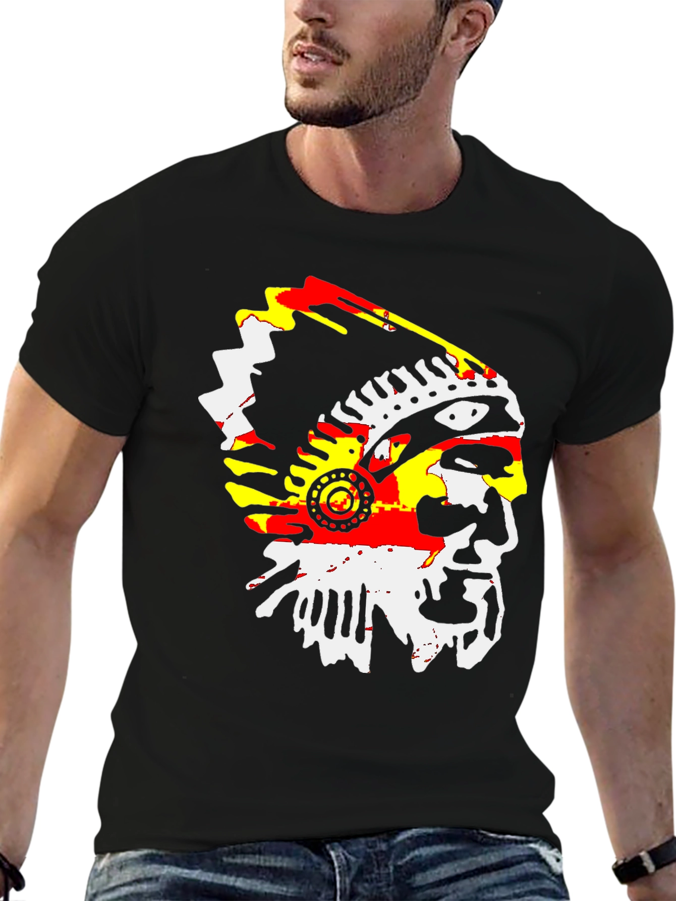 Native American Chief Graphic Tee - Black Cotton T-Shirt