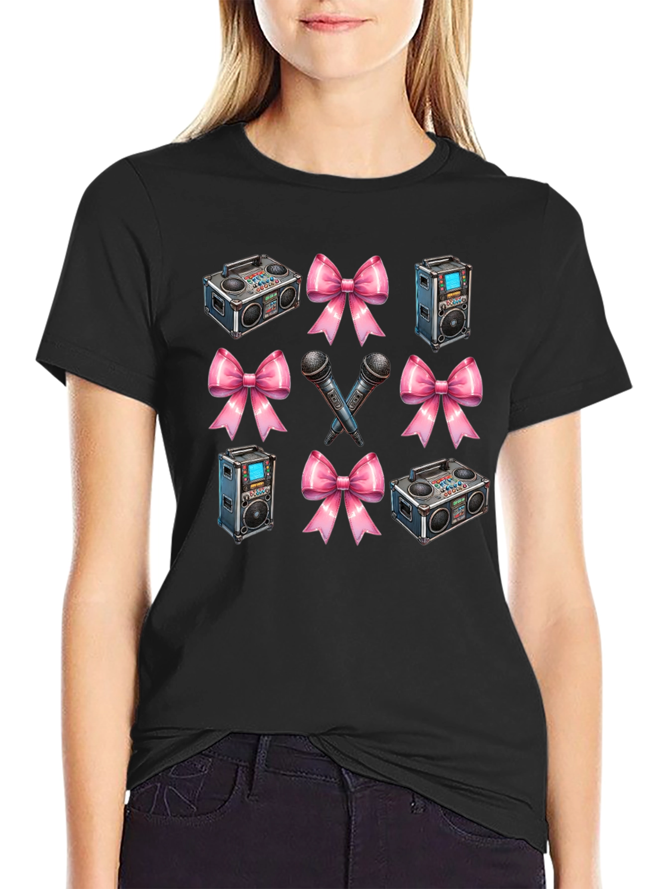 Retro Music Patterned Black T-Shirt