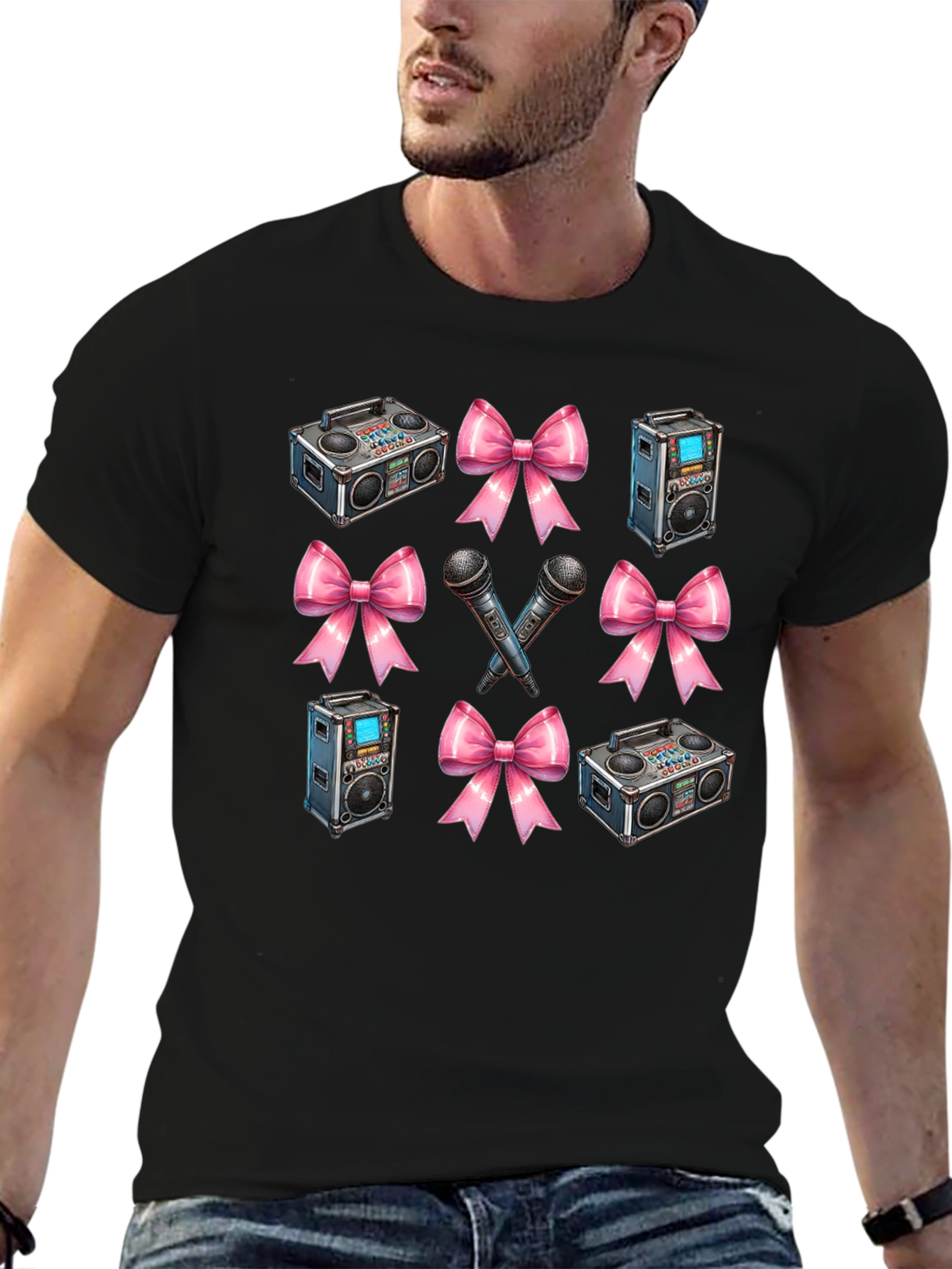Retro Music Patterned Black T-Shirt