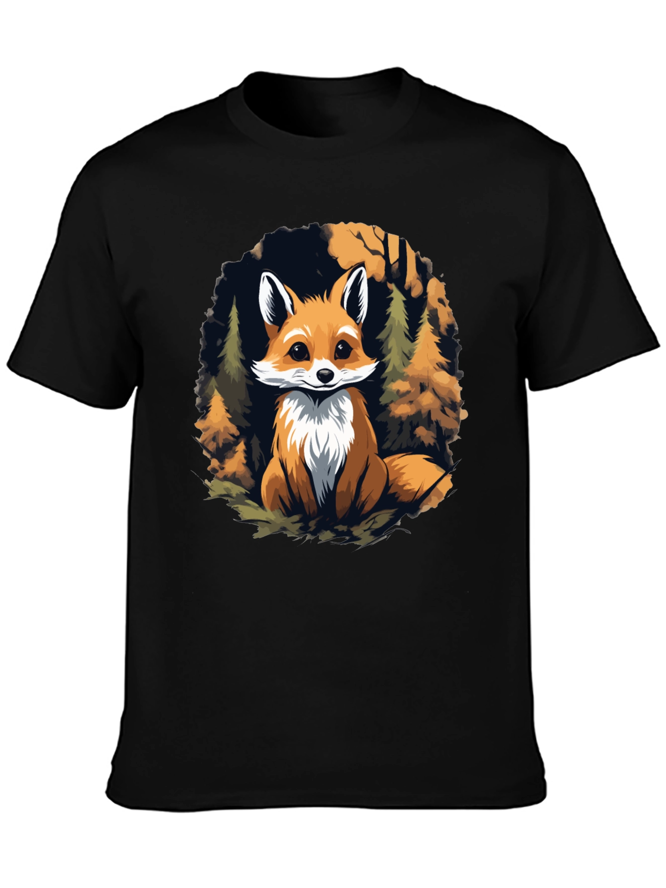Fox in Forest Graphic Print Black T-Shirt