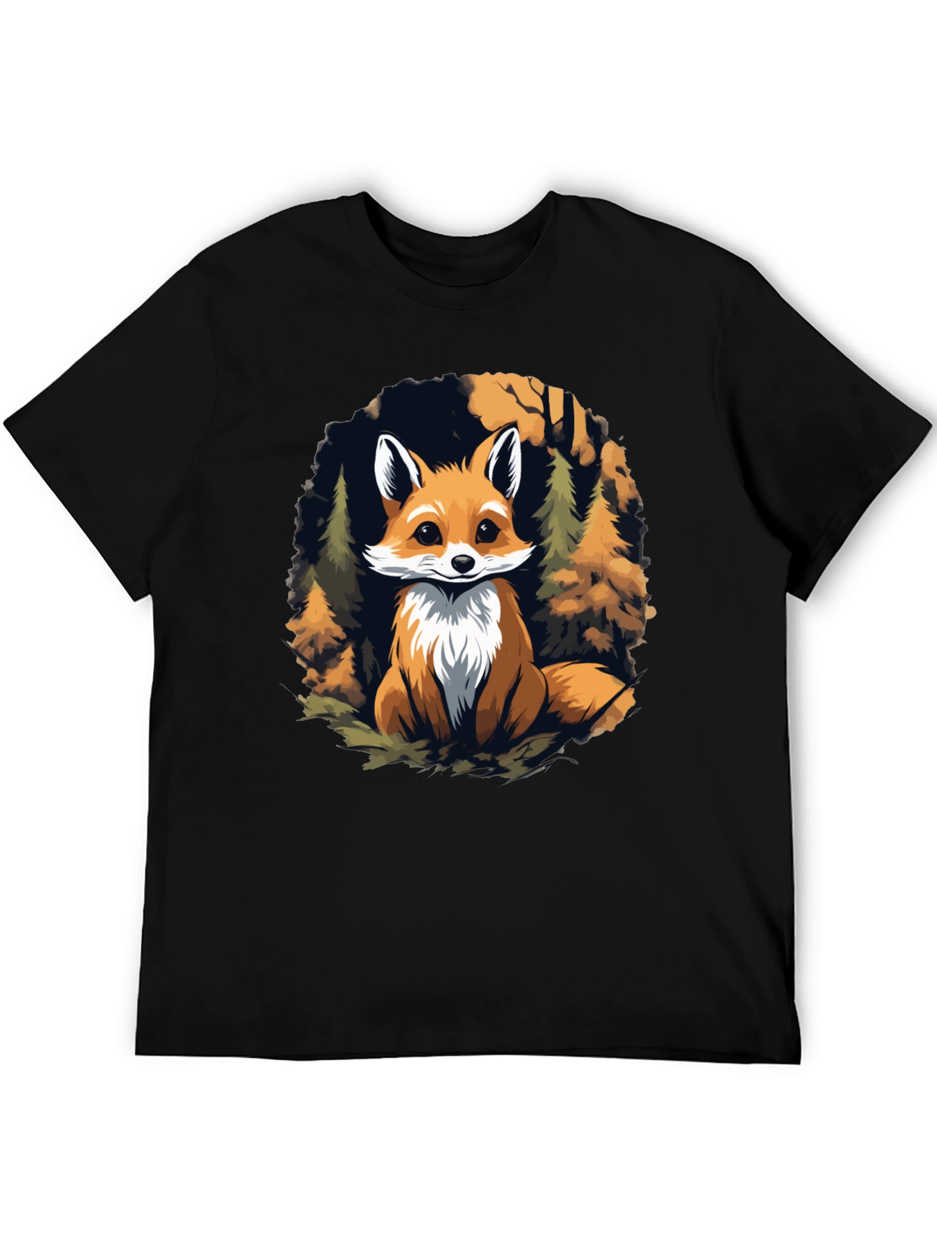Fox in Forest Graphic Print Black T-Shirt