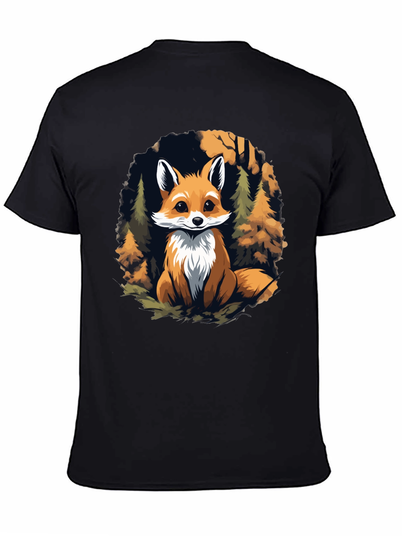 Fox in Forest Graphic Print Black T-Shirt