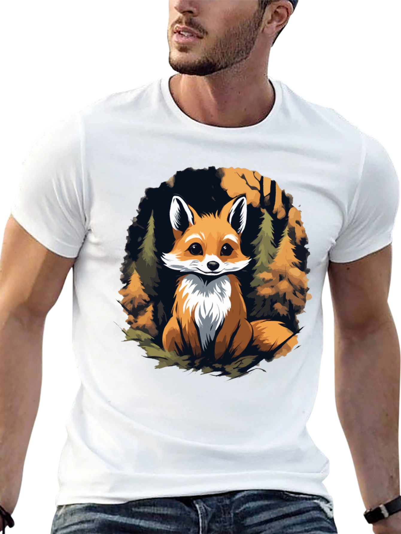 Fox in Forest Graphic Print Black T-Shirt