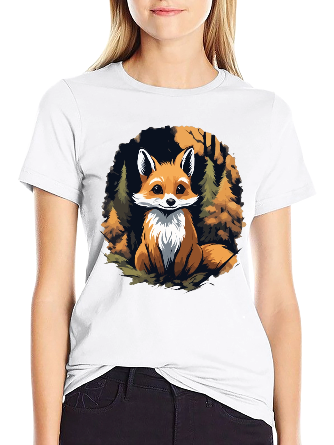 Fox in Forest Graphic Print Black T-Shirt
