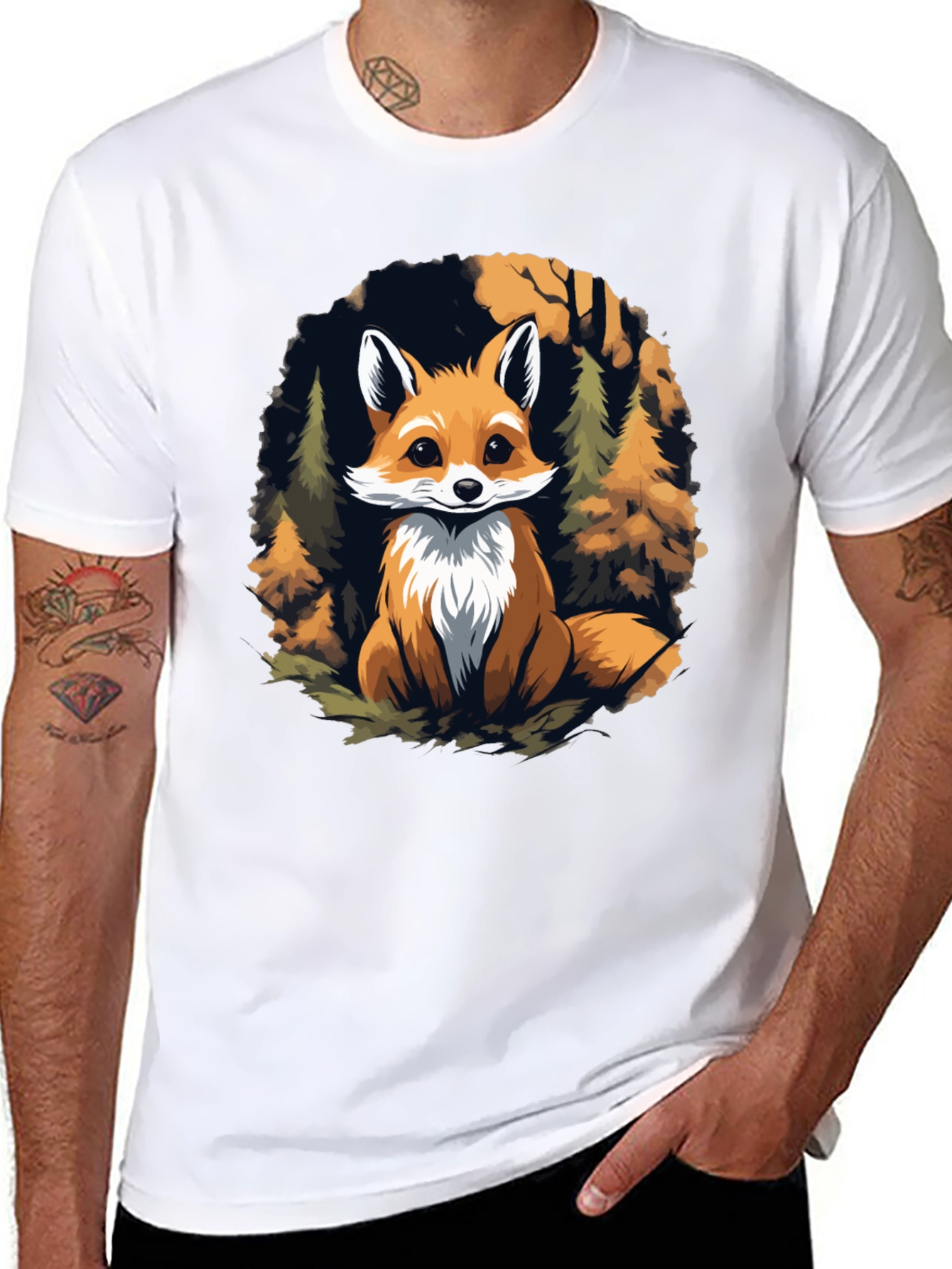 Fox in Forest Graphic Print Black T-Shirt