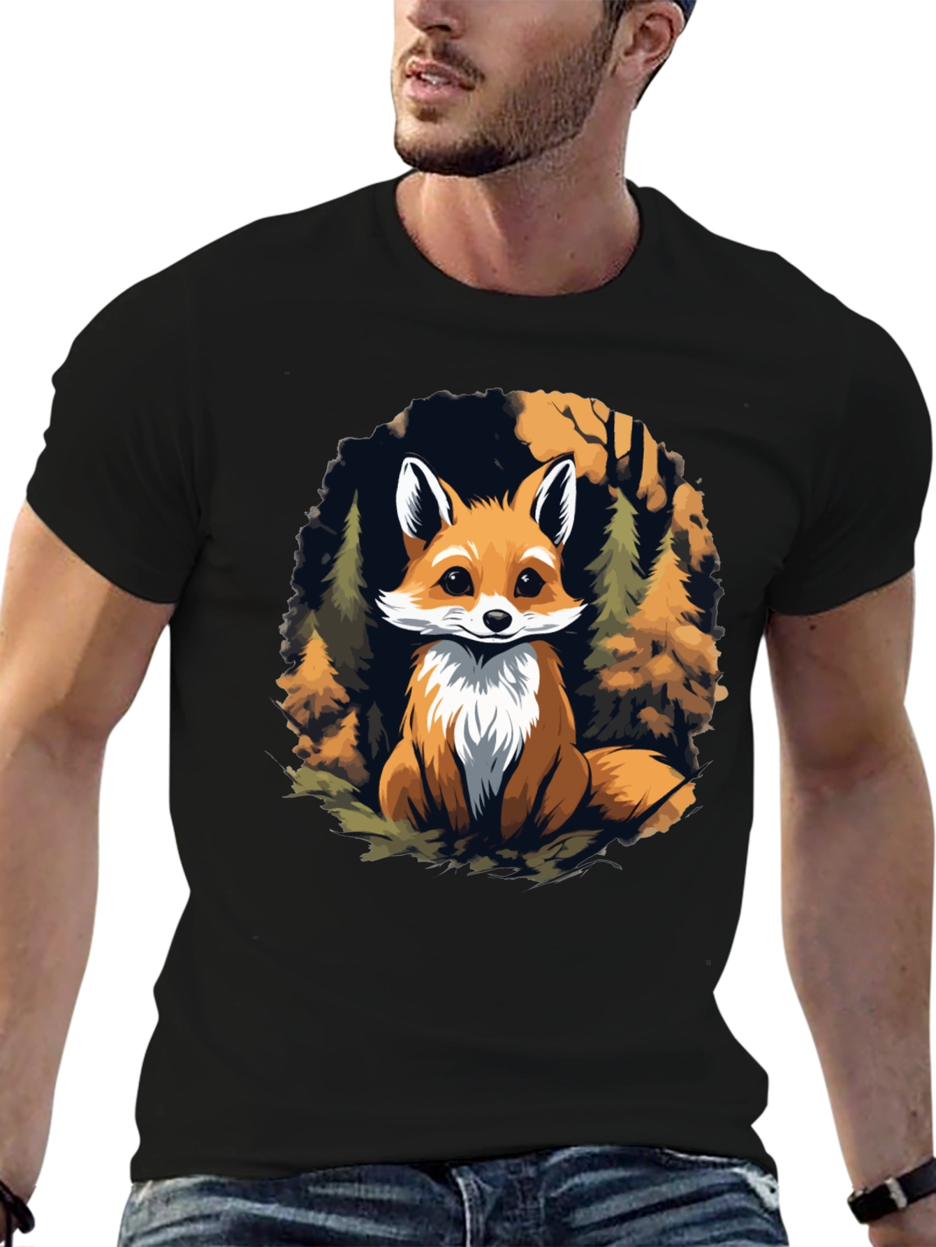 Fox in Forest Graphic Print Black T-Shirt