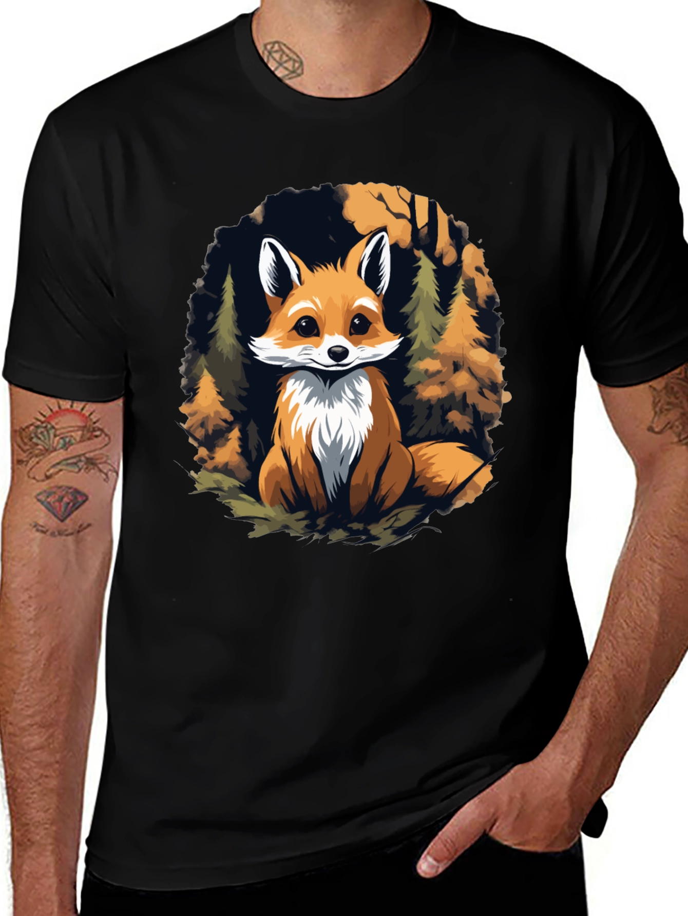 Fox in Forest Graphic Print Black T-Shirt