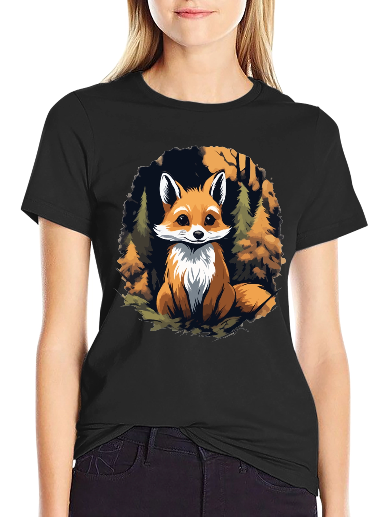 Fox in Forest Graphic Print Black T-Shirt