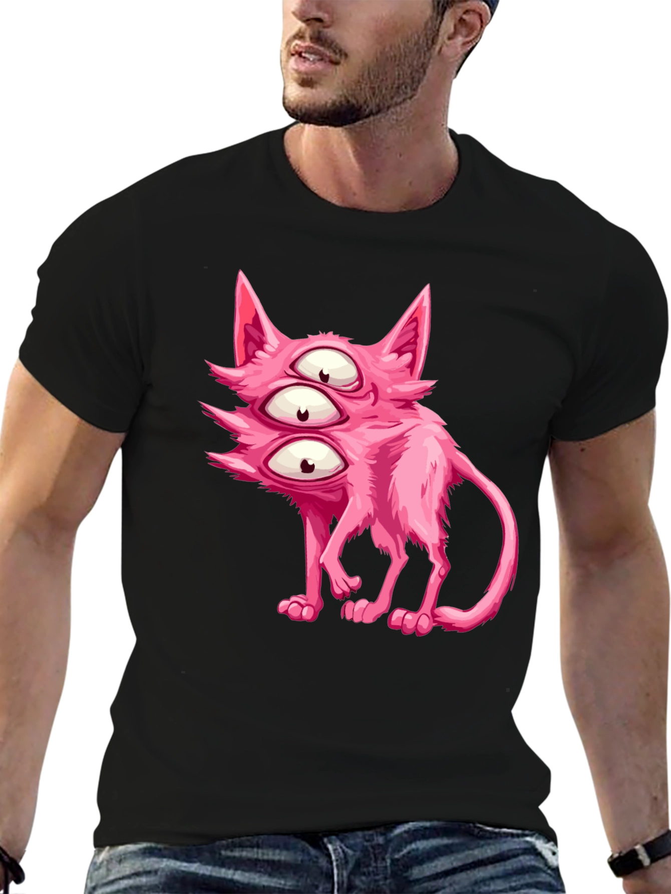 Three-Eyed Pink Monster Cat Graphic Tee