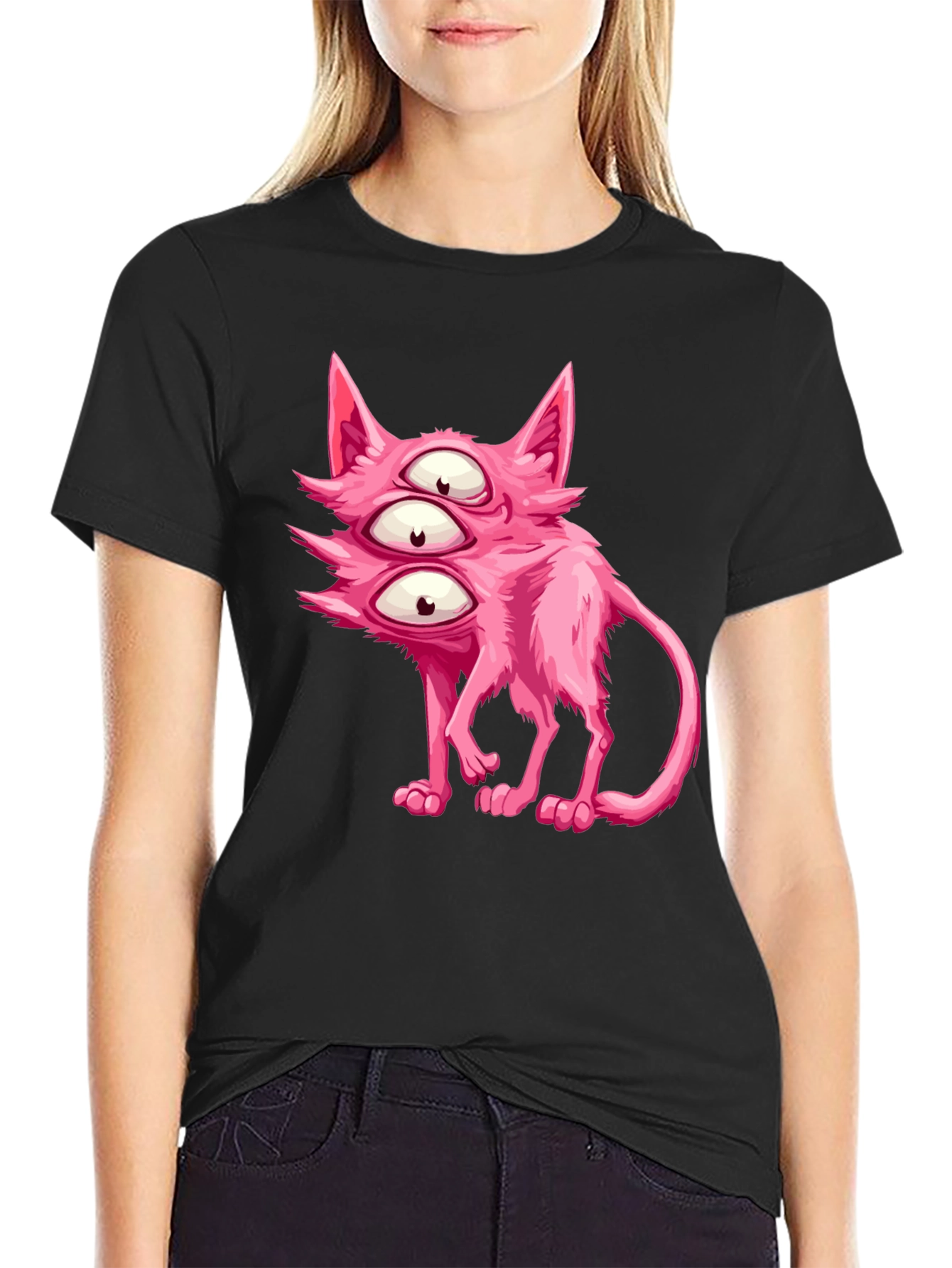 Three-Eyed Pink Monster Cat Graphic Tee