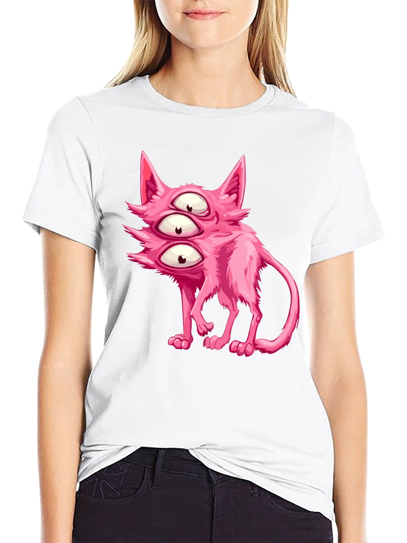 Three-Eyed Pink Monster Cat Graphic Tee