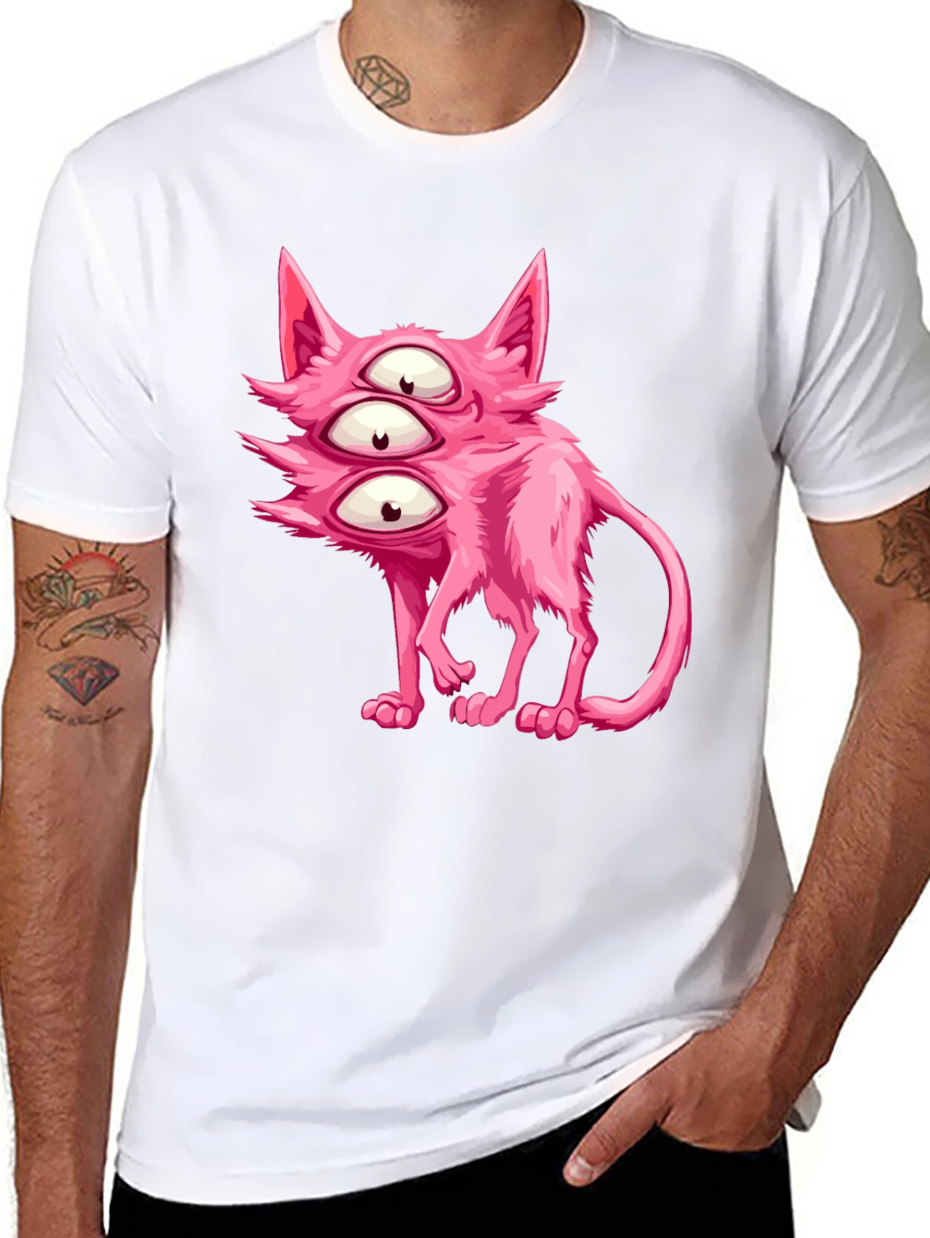 Three-Eyed Pink Monster Cat Graphic Tee