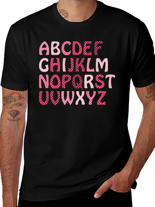 Alphabet Letter Heart Pattern Black T-Shirt