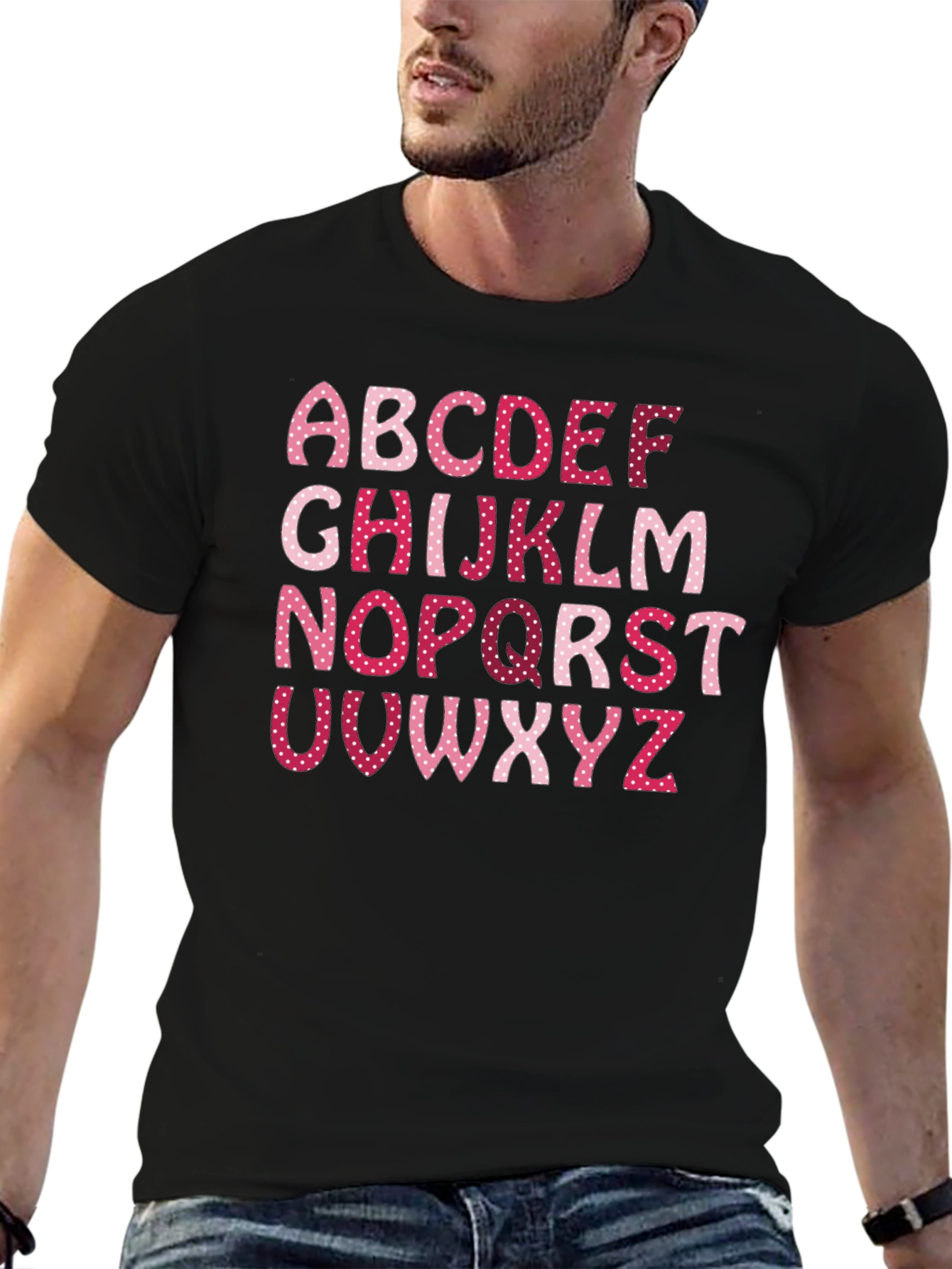 Alphabet Letter Heart Pattern Black T-Shirt