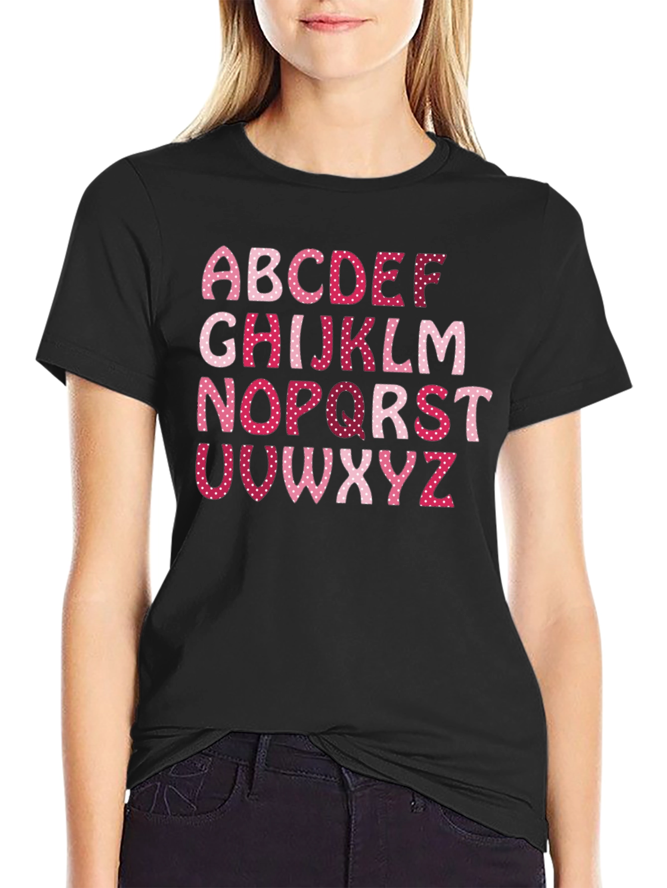 Alphabet Letter Heart Pattern Black T-Shirt