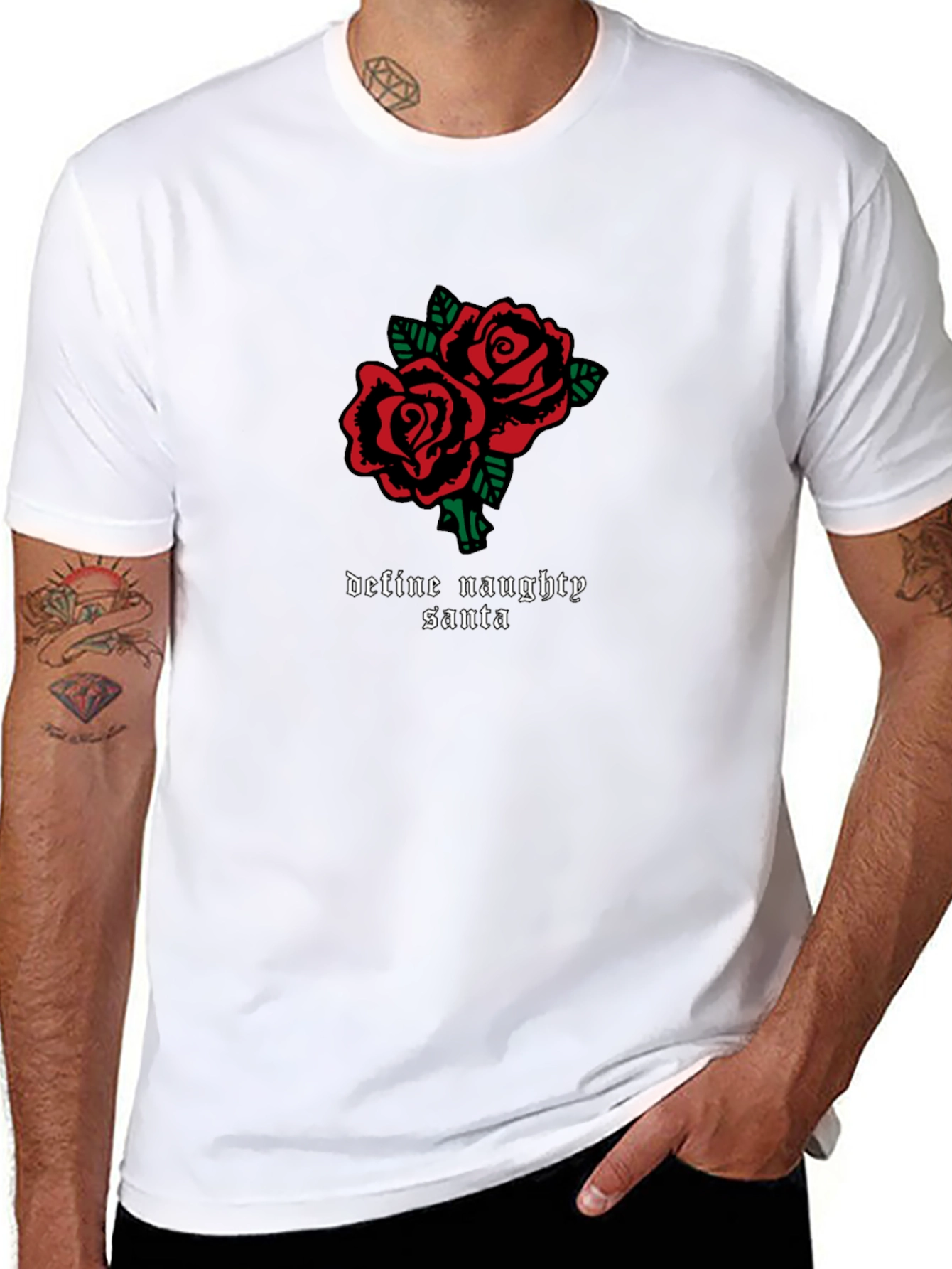 Naughty Santa Roses Graphic Tee - Black Cotton