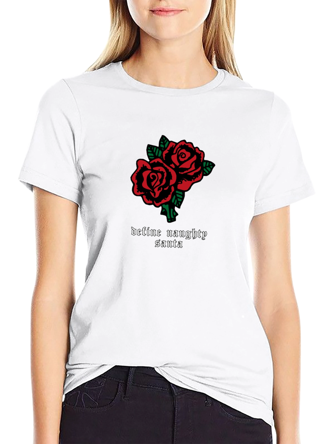Naughty Santa Roses Graphic Tee - Black Cotton