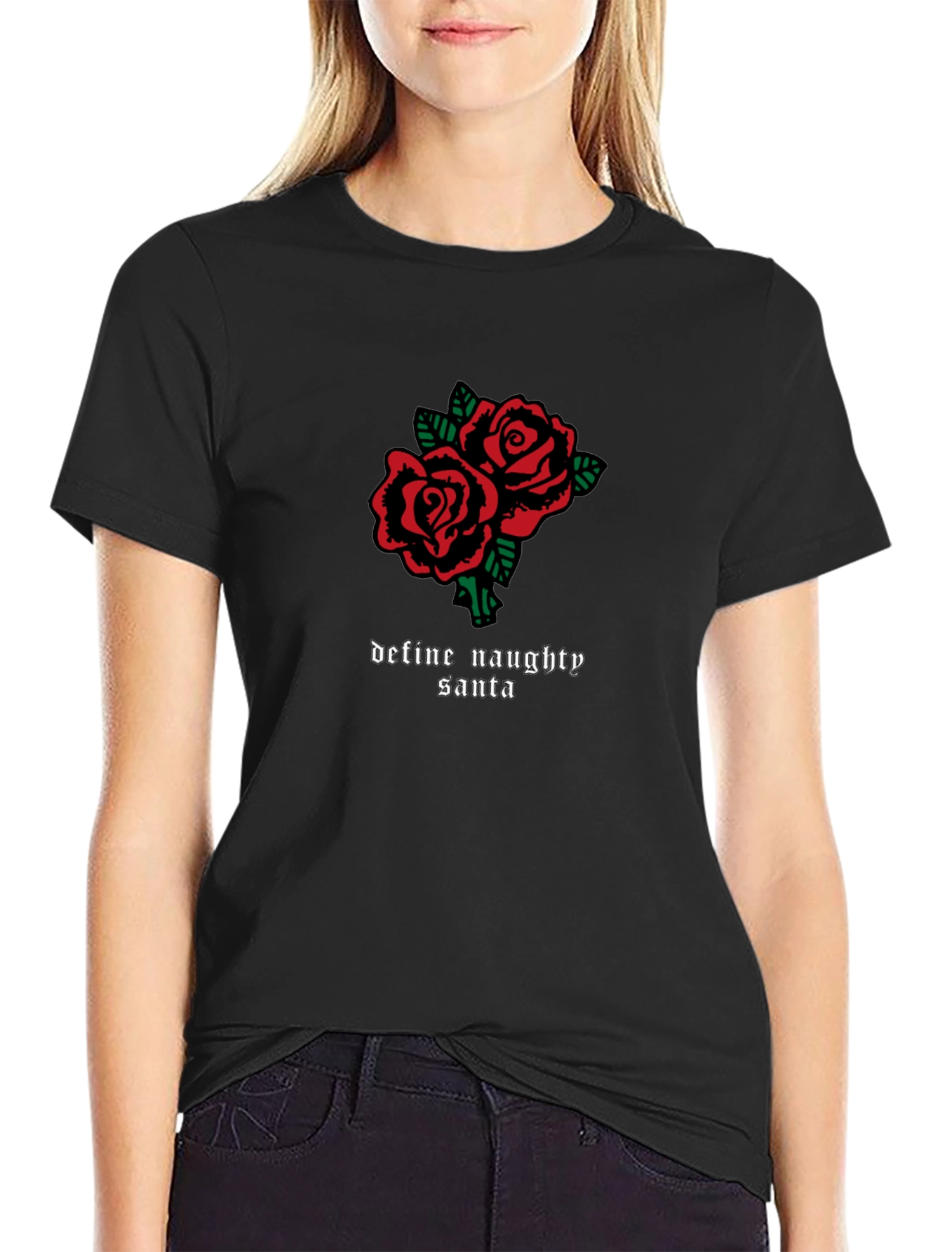 Naughty Santa Roses Graphic Tee - Black Cotton