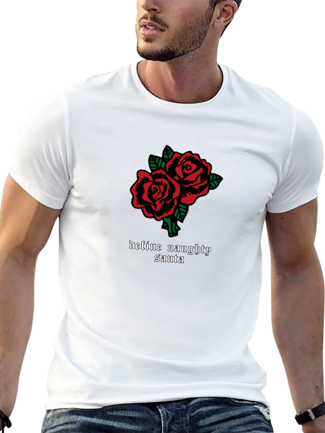Naughty Santa Roses Graphic Tee - Black Cotton
